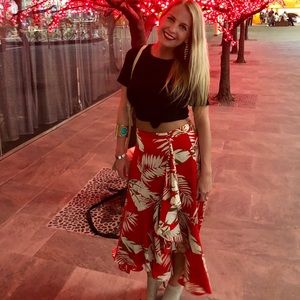 Red floral print midi skirt